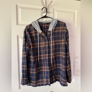 SHEIN Navy & Rust Plaid Hooded Button-Up